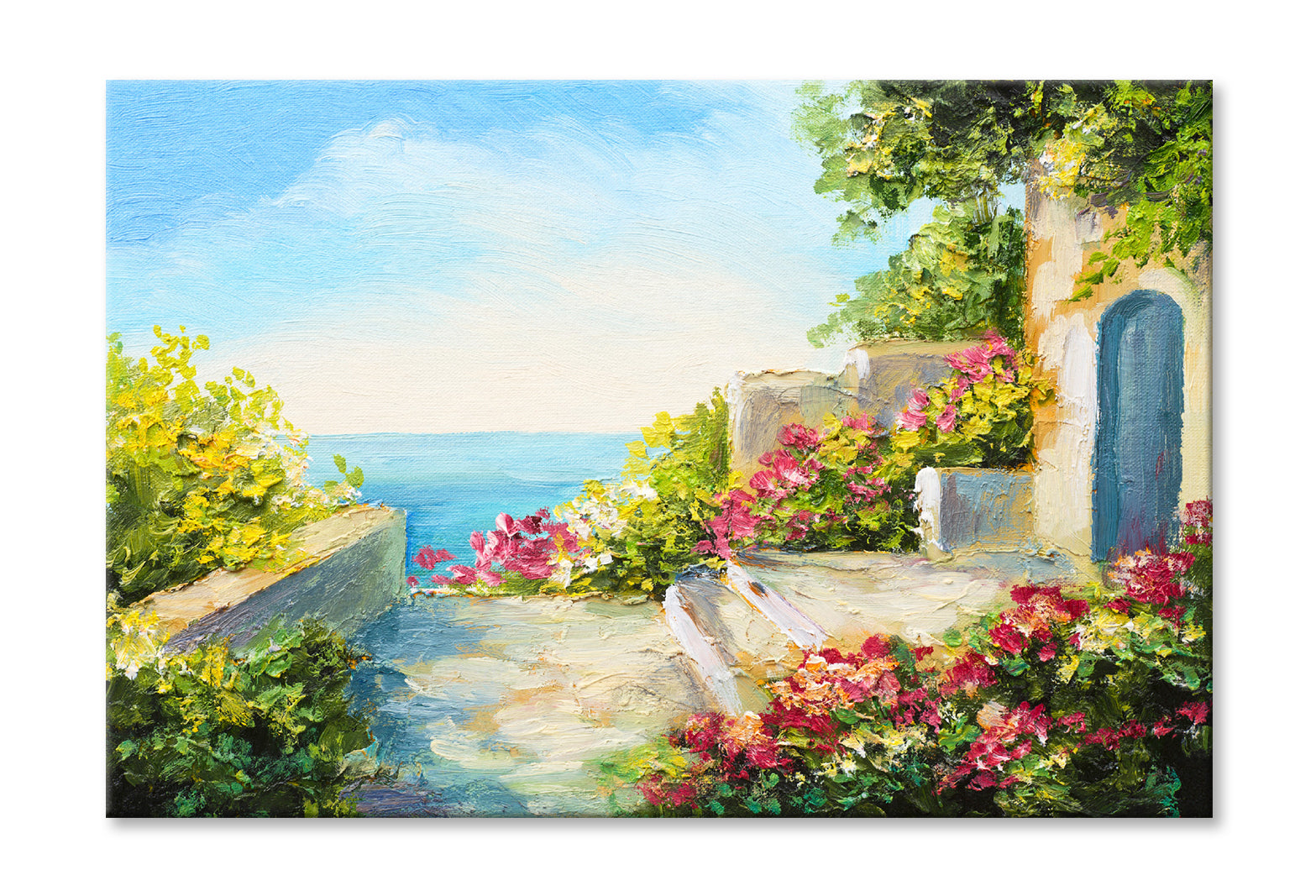 House near the Sea & Colorful Flowers Oil Painting Wall Art Limited Edition High Quality Print Stretched Canvas None