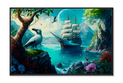 Sailing Boat in Sea and A Bird, Colorful Flowers, Mountain Wall Art Limited Edition High Quality Print