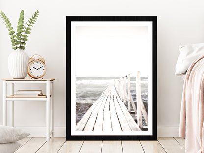 Wooden Pier near Beach Faded Photograph Glass Framed Wall Art, Ready to Hang Quality Print With White Border Black