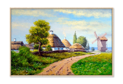 Old Village, Hut, Road, Windmill Oil Painting Wall Art Limited Edition High Quality Print Canvas Box Framed Natural