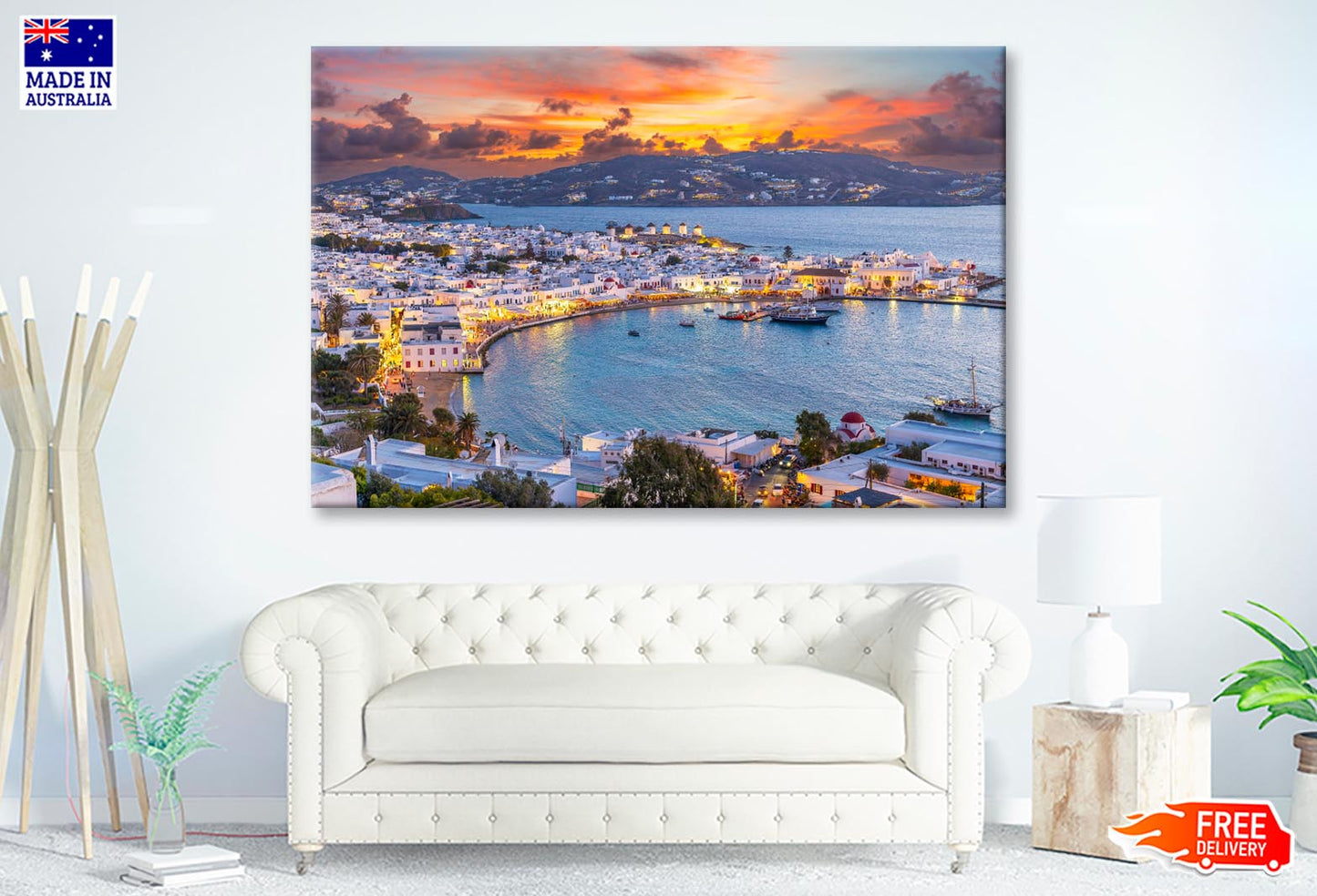 Embrace The Warm Hues of Sunset in Mykonos Town Chora Wall Art Decor 100% Australian Made