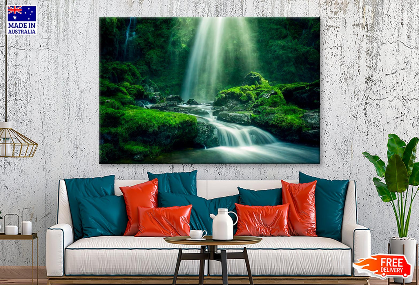 Natural Waterfall with Rocks and Green Moss  Wall Art Decor 100% Australian Made