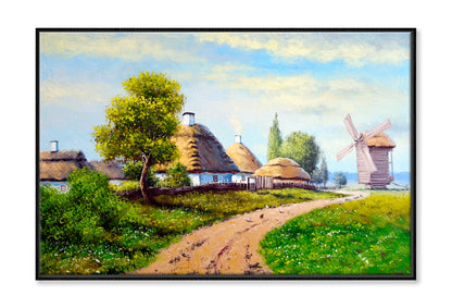 Old Village, Hut, Road, Windmill Oil Painting Wall Art Limited Edition High Quality Print Canvas Box Framed Black