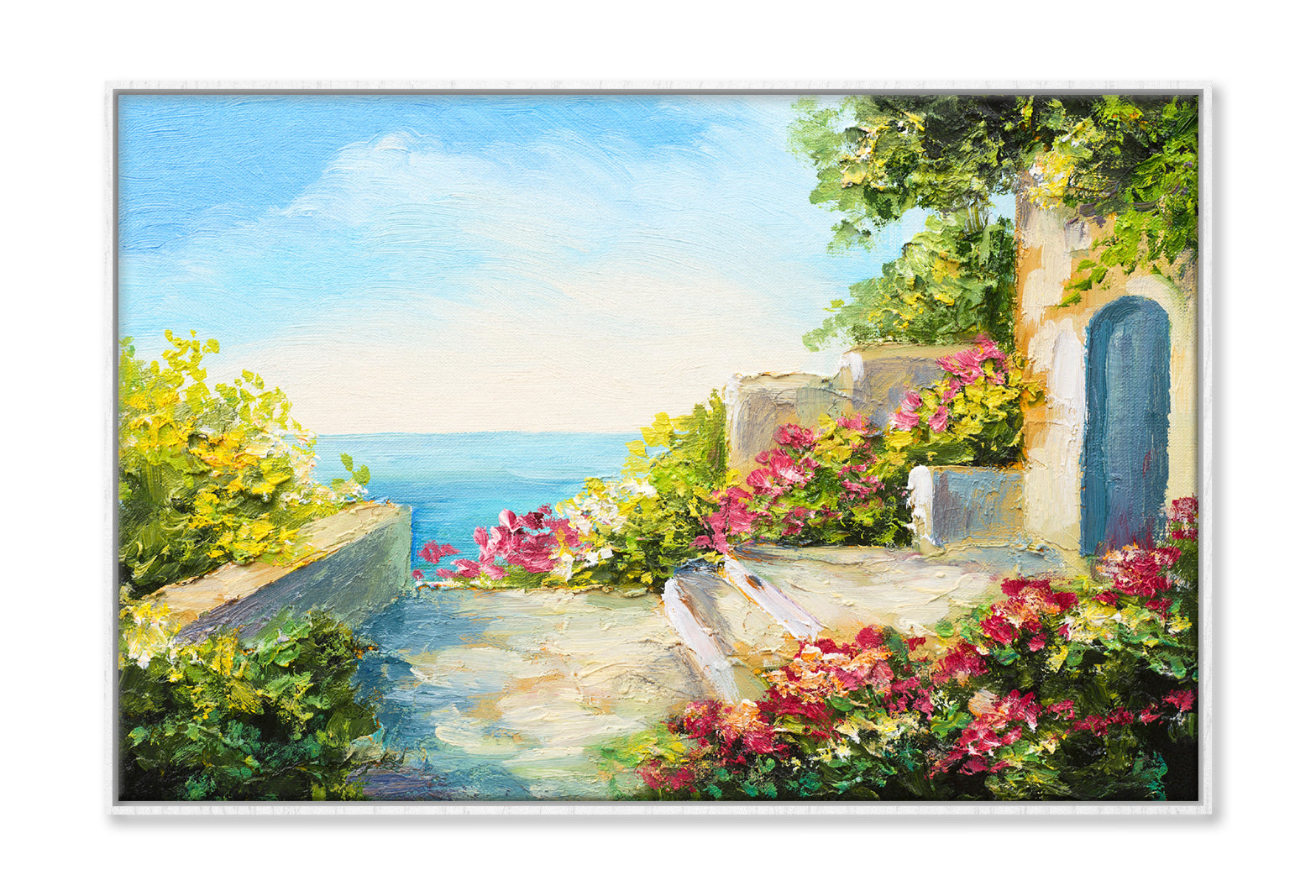 House near the Sea & Colorful Flowers Oil Painting Wall Art Limited Edition High Quality Print Canvas Box Framed White