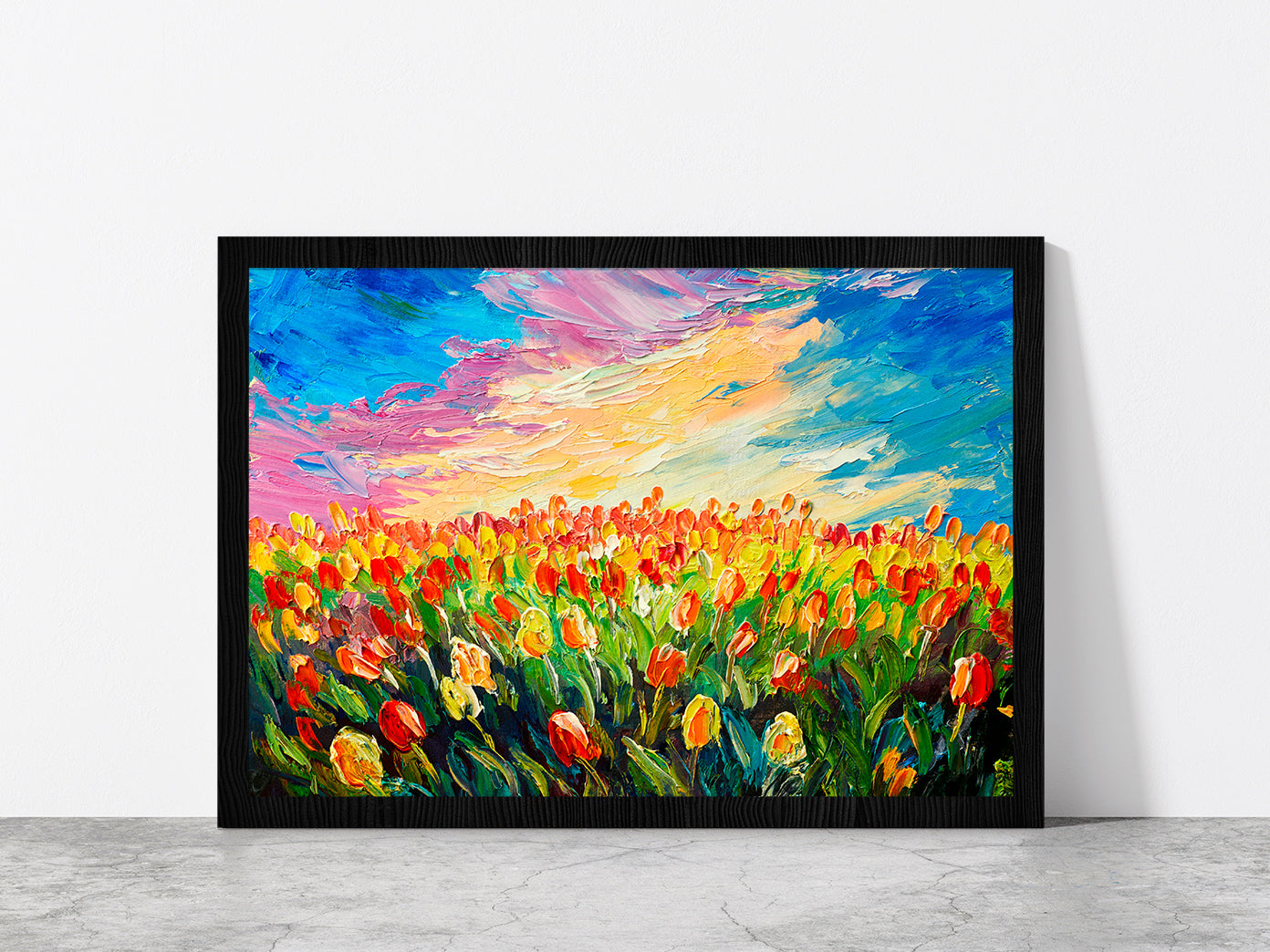 Tulip Flowers Meadow Glass Framed Wall Art, Ready to Hang Quality Print Without White Border Black