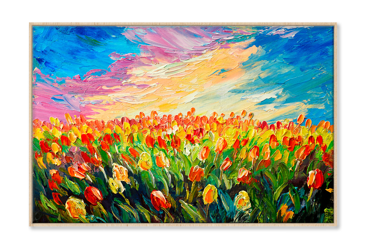 Tulip Flowers Meadow Oil Painting Wall Art Limited Edition High Quality Print Canvas Box Framed Natural