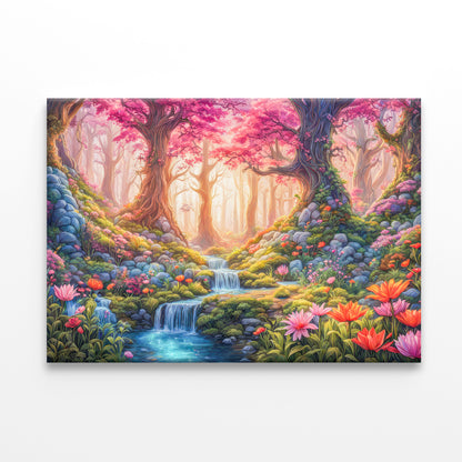 A Painting of a Garden with a Waterfall & Flowers Print 100% Australian Made