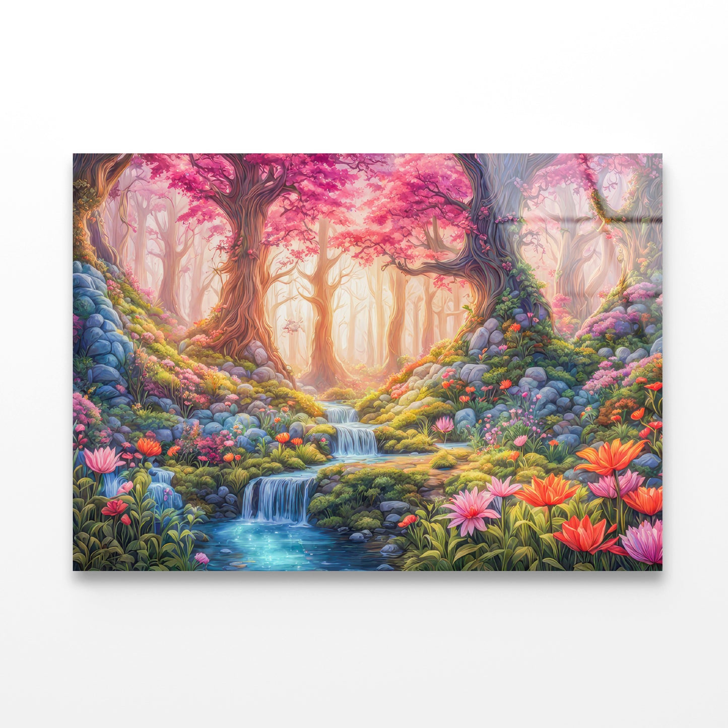 A Painting of a Garden with a Waterfall & Flowers Acrylic Glass Print Tempered Glass Wall Art 100% Made in Australia Ready to Hang