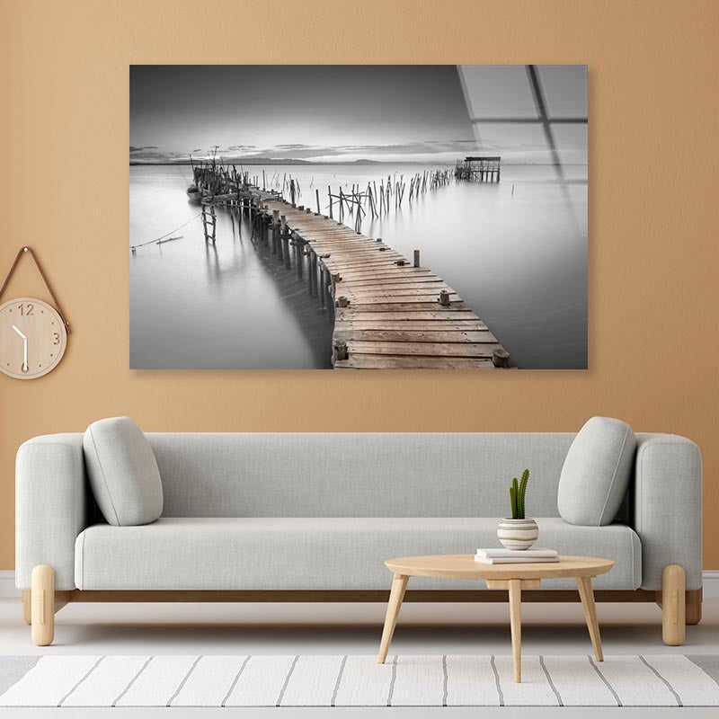 B&W Peaceful Ancient Pier Acrylic Glass Print Tempered Glass Wall Art 100% Made in Australia Ready to Hang