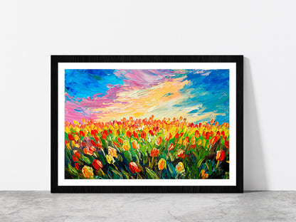 Tulip Flowers Meadow Glass Framed Wall Art, Ready to Hang Quality Print With White Border Black