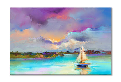 Sail Boat On Sea With Colorful Sky Oil Painting Wall Art Limited Edition High Quality Print Stretched Canvas None