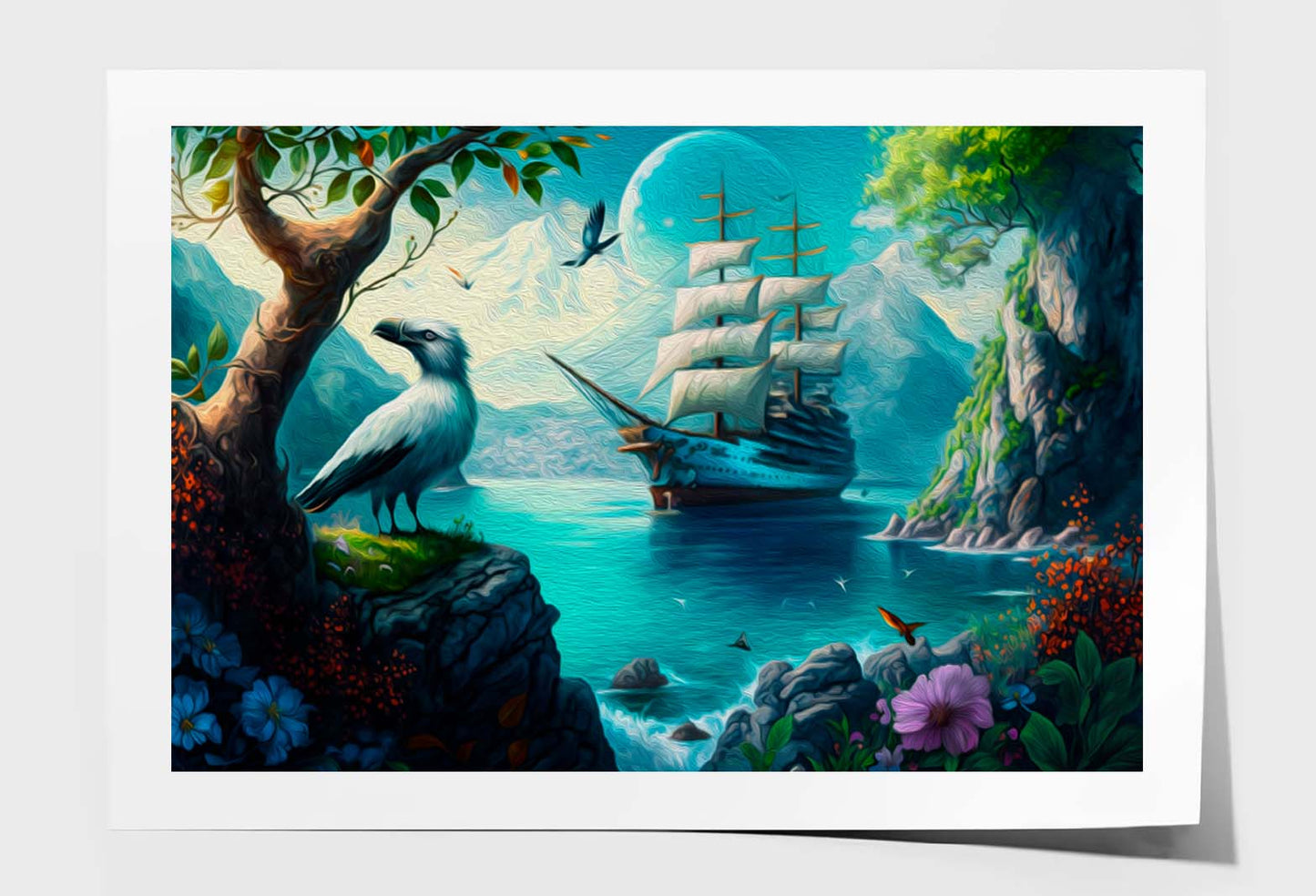 Sailing Boat in Sea and A Bird, Colorful Flowers, Mountain Wall Art Limited Edition High Quality Print