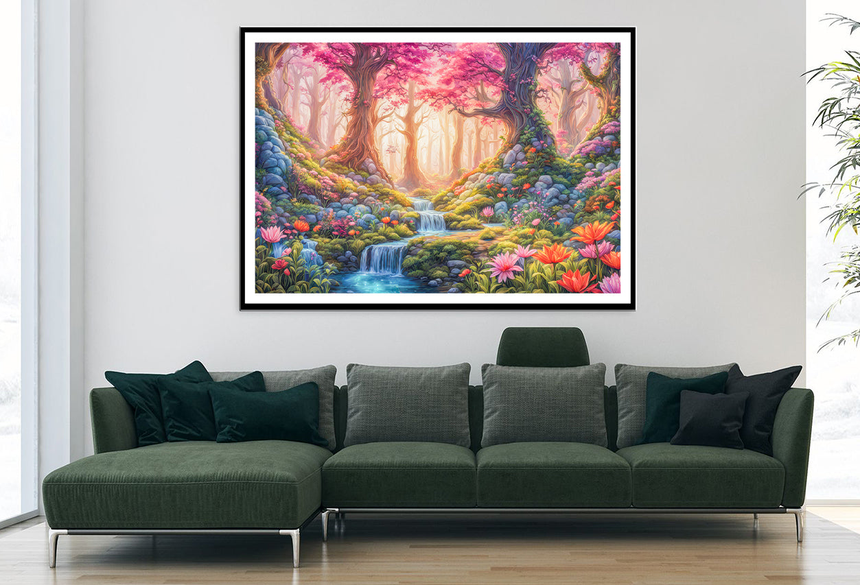 A Painting of a Garden with a Waterfall & Flowers Home Decor Premium Quality Poster Print Choose Your Sizes