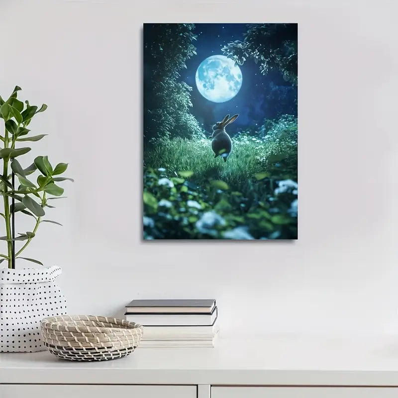Joyful Bunny Jumping Under Soft Moonlight 40x60cm Metal Print Ready to Hang