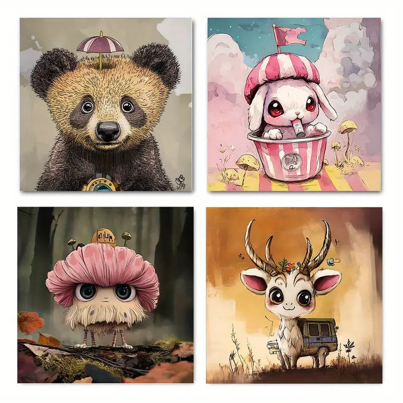 4pcs Happy Bus Girl Elephant Wall Art Canvas Framed