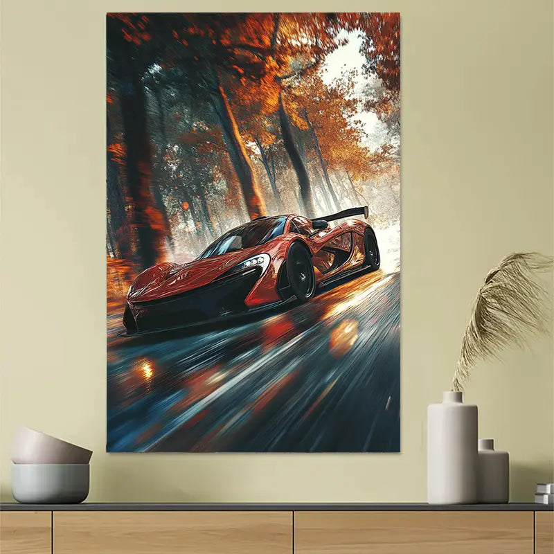 Red Maple Racing Car Autumn Art Poster 40x60cm Metal Print Ready to Hang