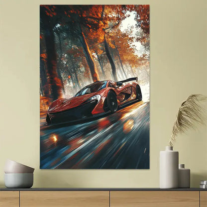 Red Maple Racing Car Autumn Art Poster 40x60cm Metal Print Ready to Hang