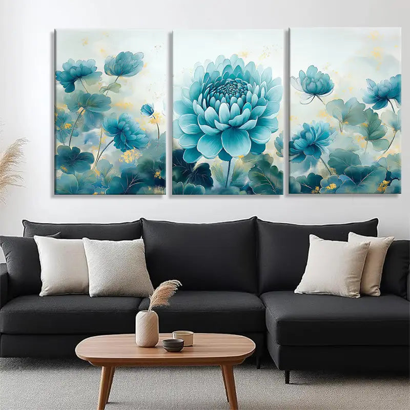 3pcs Elegant Blue for Lotus Flower Lush Greenery Metal Print Ready to Hang Art