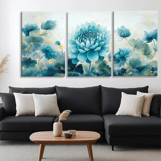 3pcs Elegant Blue for Lotus Flower Lush Greenery Metal Print Ready to Hang Art