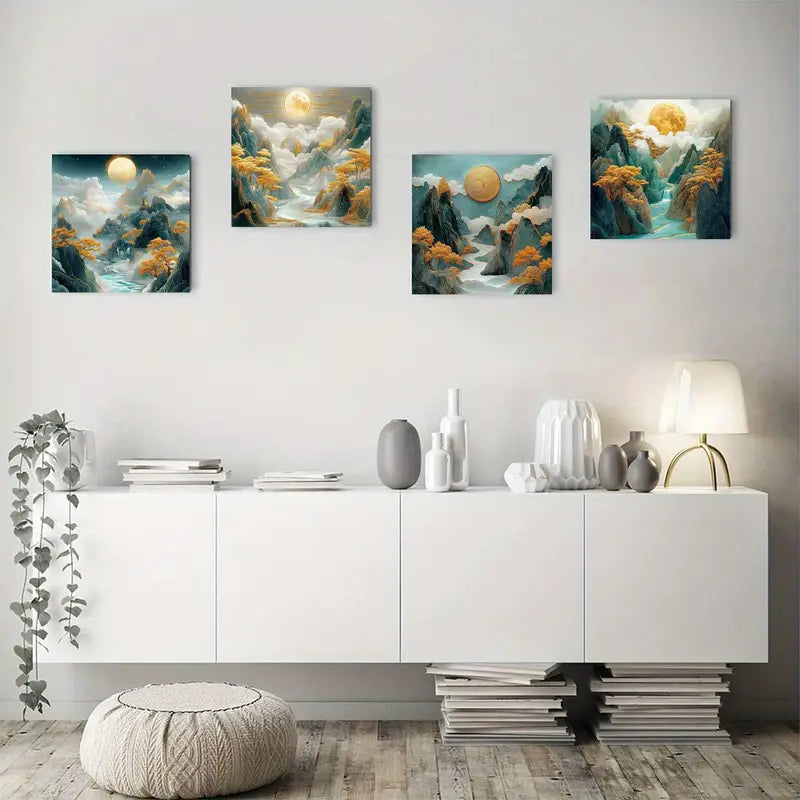 4pcs Alpine Pine & Mountain Landscape With Golde Wall Art Canvas Framed