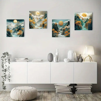 4pcs Alpine Pine & Mountain Landscape With Golde Wall Art Canvas Framed