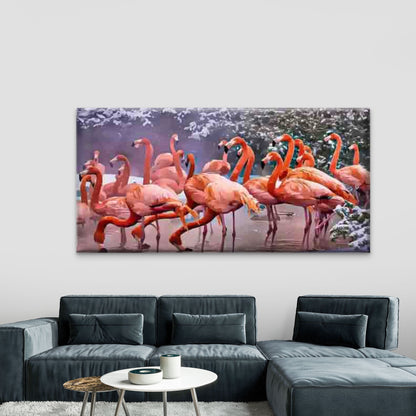 Pink Flamingos in a Snow Wall Art Canvas Office Home Room Framed 120x60cm