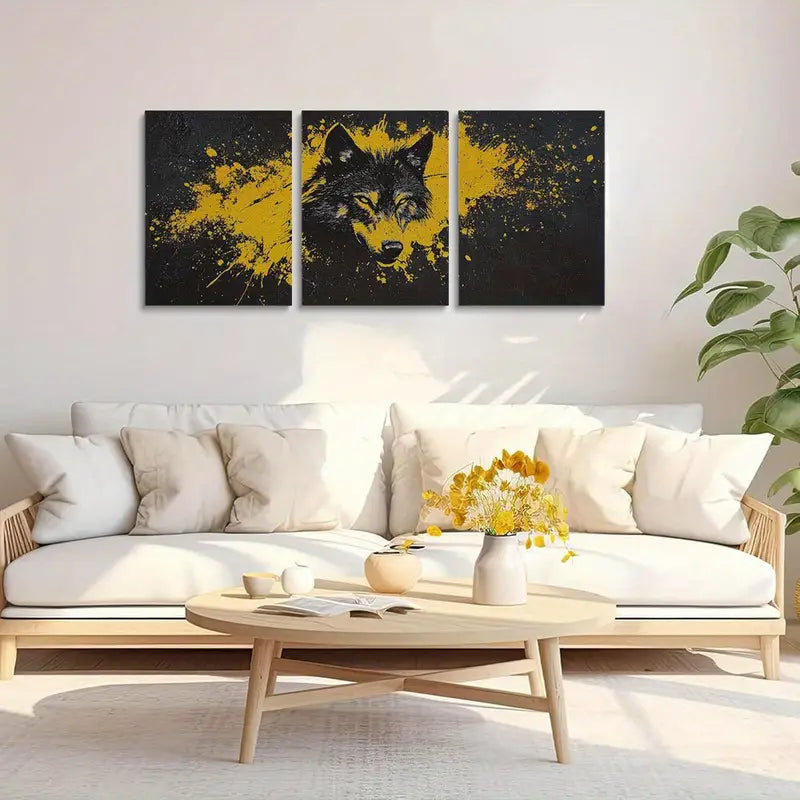 3pcs Wolf black and yellow Abstract Classic Design Metal Print Ready to Hang Art