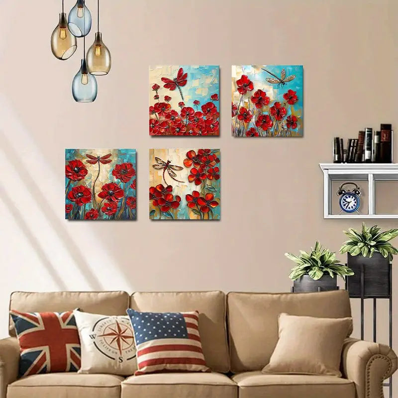 4pcs Vibrant Dragonfly & Floral Prints FP Wall Art Canvas Framed