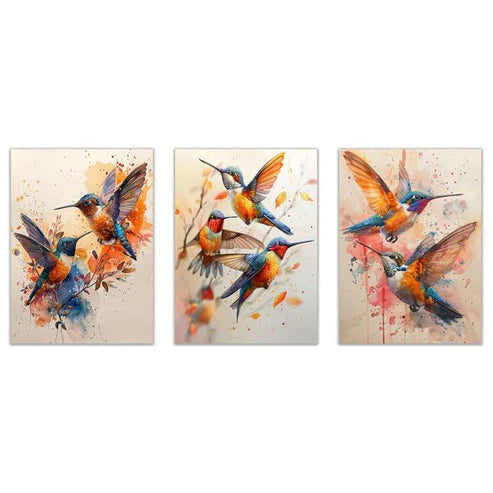 3pcs Vintage Watercolor Hummingbird Wall Art Set Canvas Framed 50x70cm - High Quality Print 100% Australian Made Wall Canvas Ready to Hang