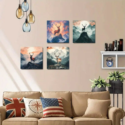 4pcs Blood Moon Deer Scenery Wall Art Canvas Framed
