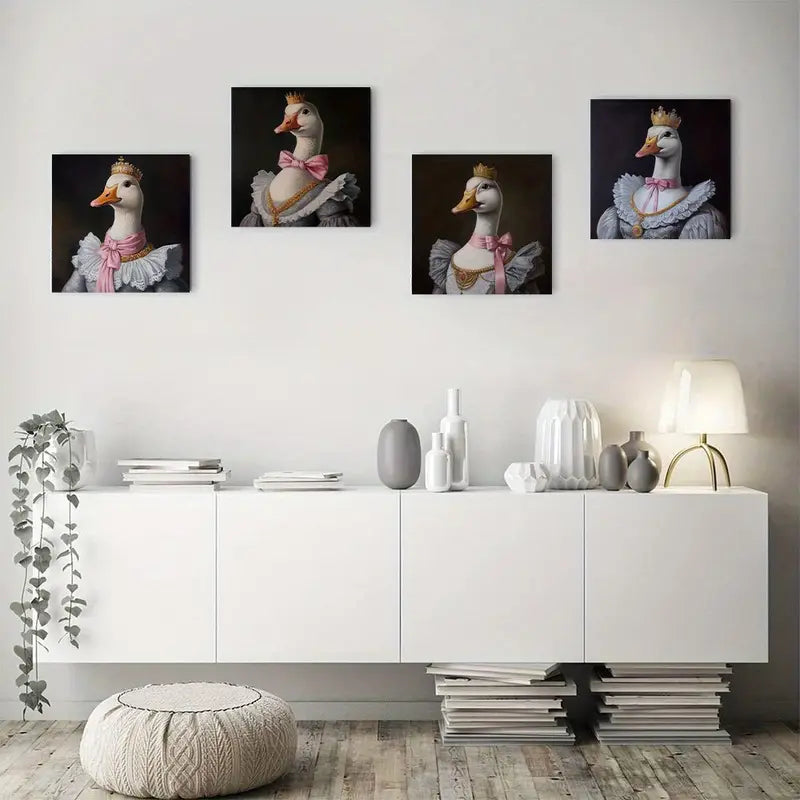 4pcs  Golden Bow Duck Lady Picture Wall Art Canvas Framed