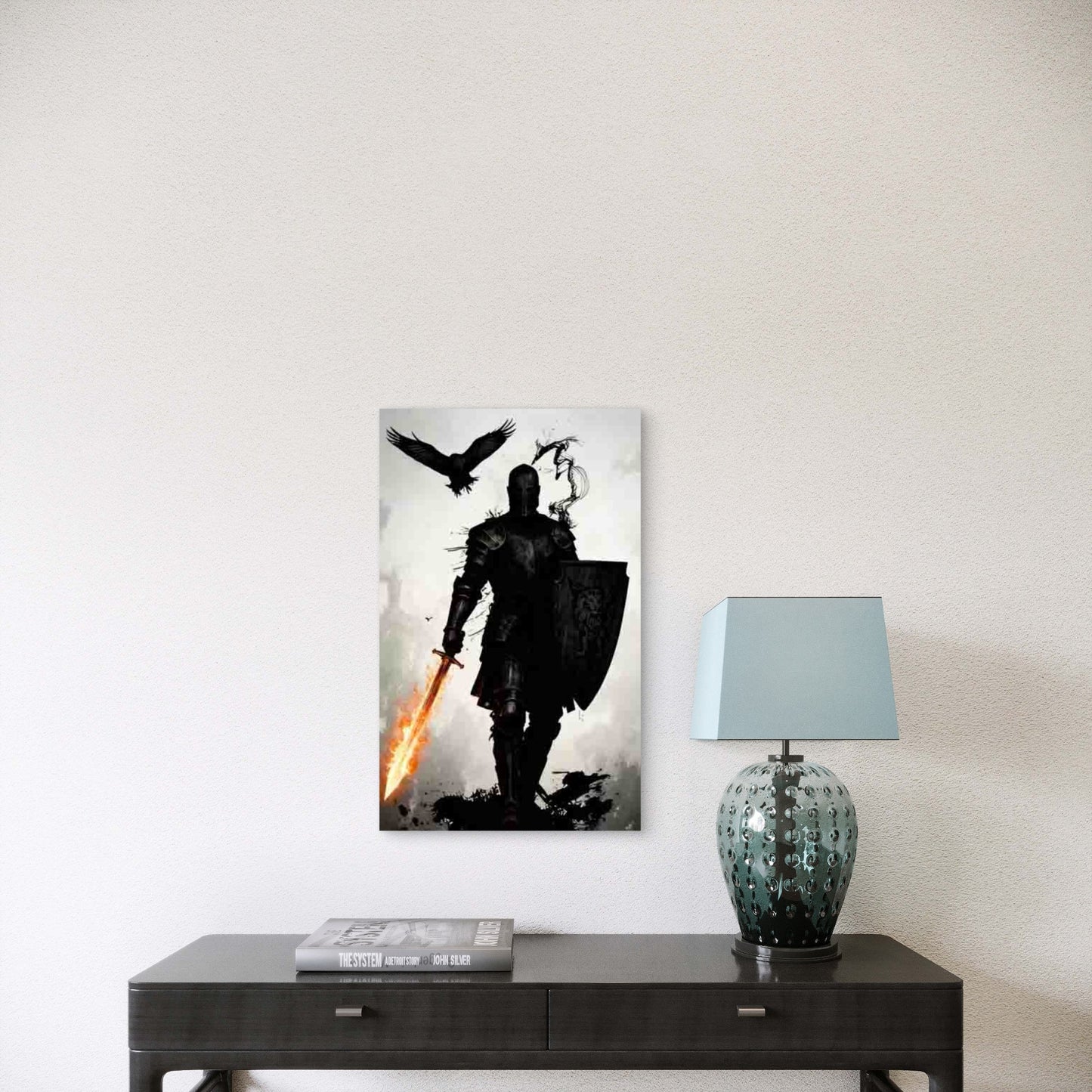 Medieval Knight with Fire Sword & Shield 60x90cm Metal Print Ready to Hang