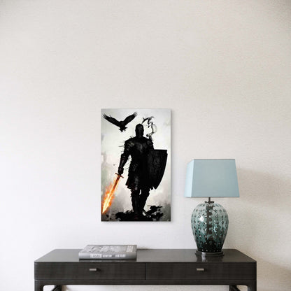 Medieval Knight with Fire Sword & Shield 60x90cm Metal Print Ready to Hang