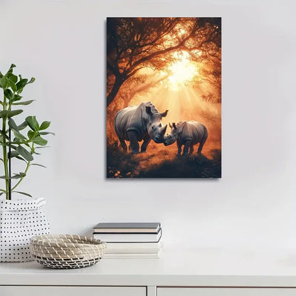 Dreamlike Rhino Scene Under Glowing Sunset Sky 40x60cm Metal Print Ready to Hang