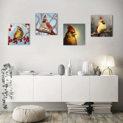 4pcs Vintage Style Red Cardinal Bird Wall Art Canvas Framed