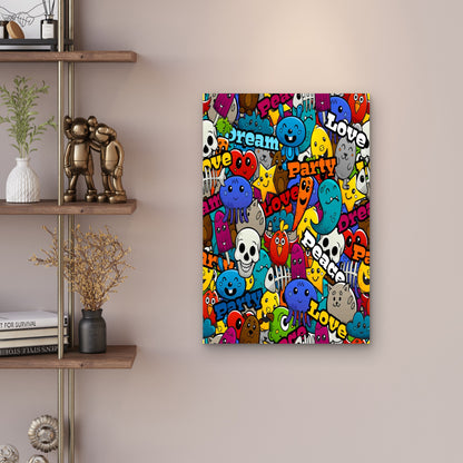 Graffiti Cartoon Abstract Characters Peace Love 60x90cm Metal Print Ready to Hang
