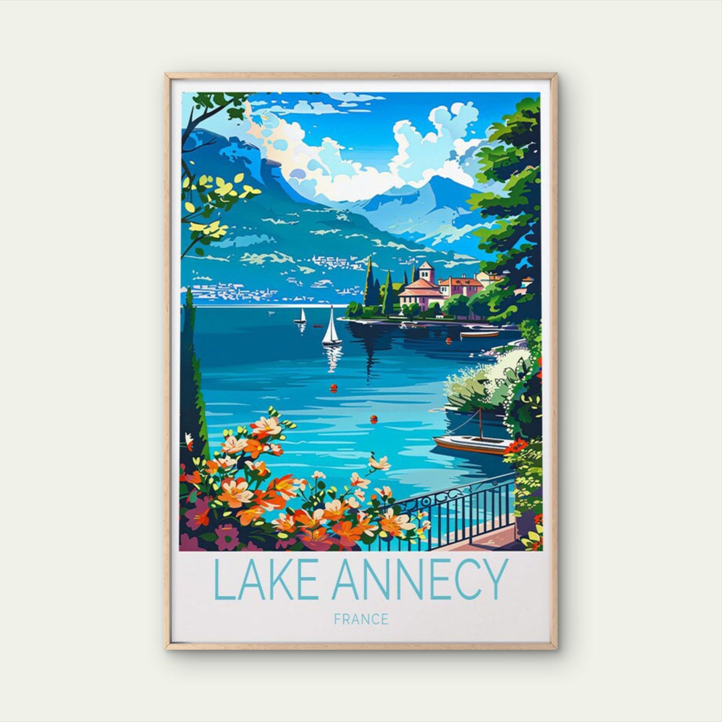 Lake Annecy In France, Trees & Flowers Travel Poster Print Wall Art