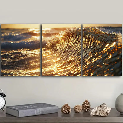 3pcs Gold Coin Waves Metal Print Ready to Hang Art