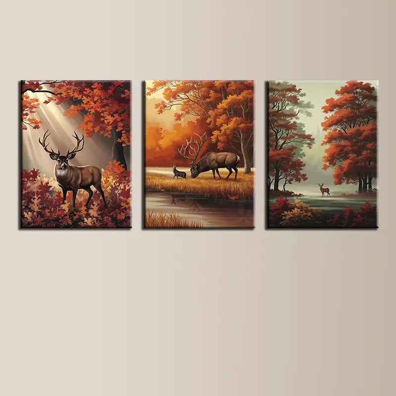 3pcs Enchanting Autumn Oil Painting Deer Metal Print Ready to Hang Art