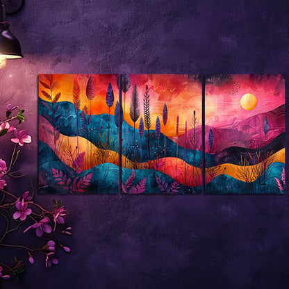 3pcs Abstract Landscape with Trees and Sun Wall Art Set Canvas Framed 40x60cm - High Quality Print 100% Australian Made Wall Canvas Ready to Hang