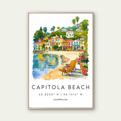 Colorful Capitola Beach California Coastal Scene Travel Poster Print Wall Art