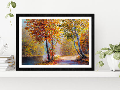 Bright Red Leaves Trees In Autumn Forest & River Glass Framed Wall Art, Ready to Hang Quality Print With White Border Black