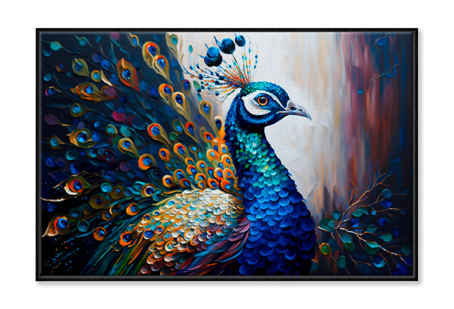 Beautiful Multicolored Peacock Oil Painting Wall Art Limited Edition High Quality Print Canvas Box Framed Black