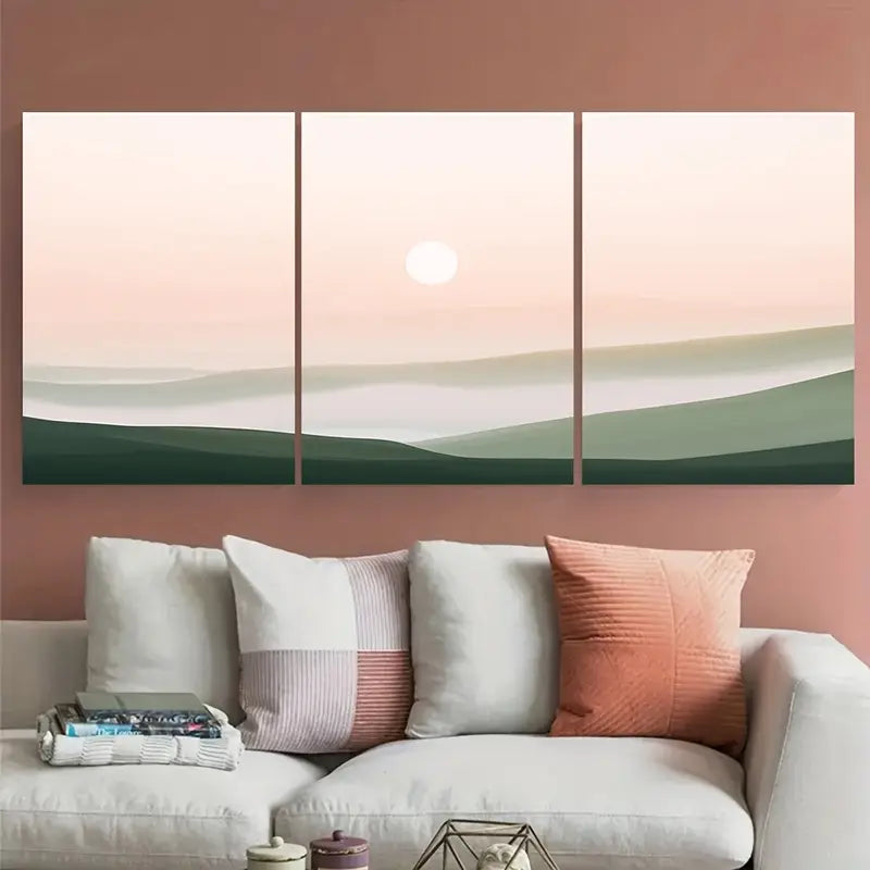3pcs Green Misty Hills Sunrise Pink Metal Print Ready to Hang Art