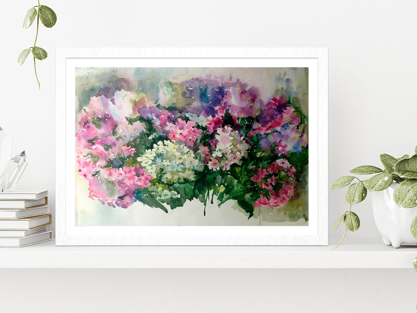 Watercolor Flowers Painting Glass Framed Wall Art, Ready to Hang Quality Print With White Border White