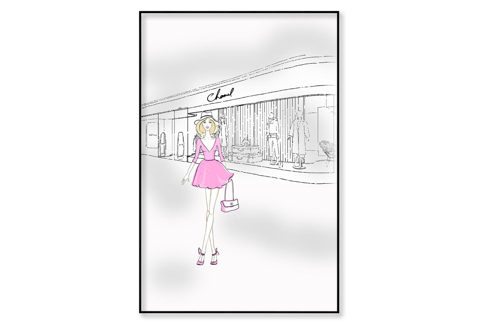 Pink Girl With Fashion Store Wall Art Limited Edition High Quality Print Canvas Box Framed Black