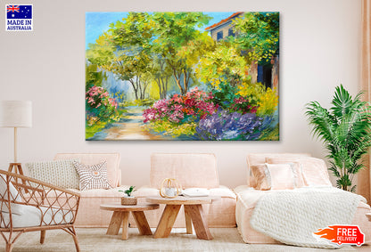 Green Trees & Flower Plants near House Oil Painting Wall Art Limited Edition High Quality Print