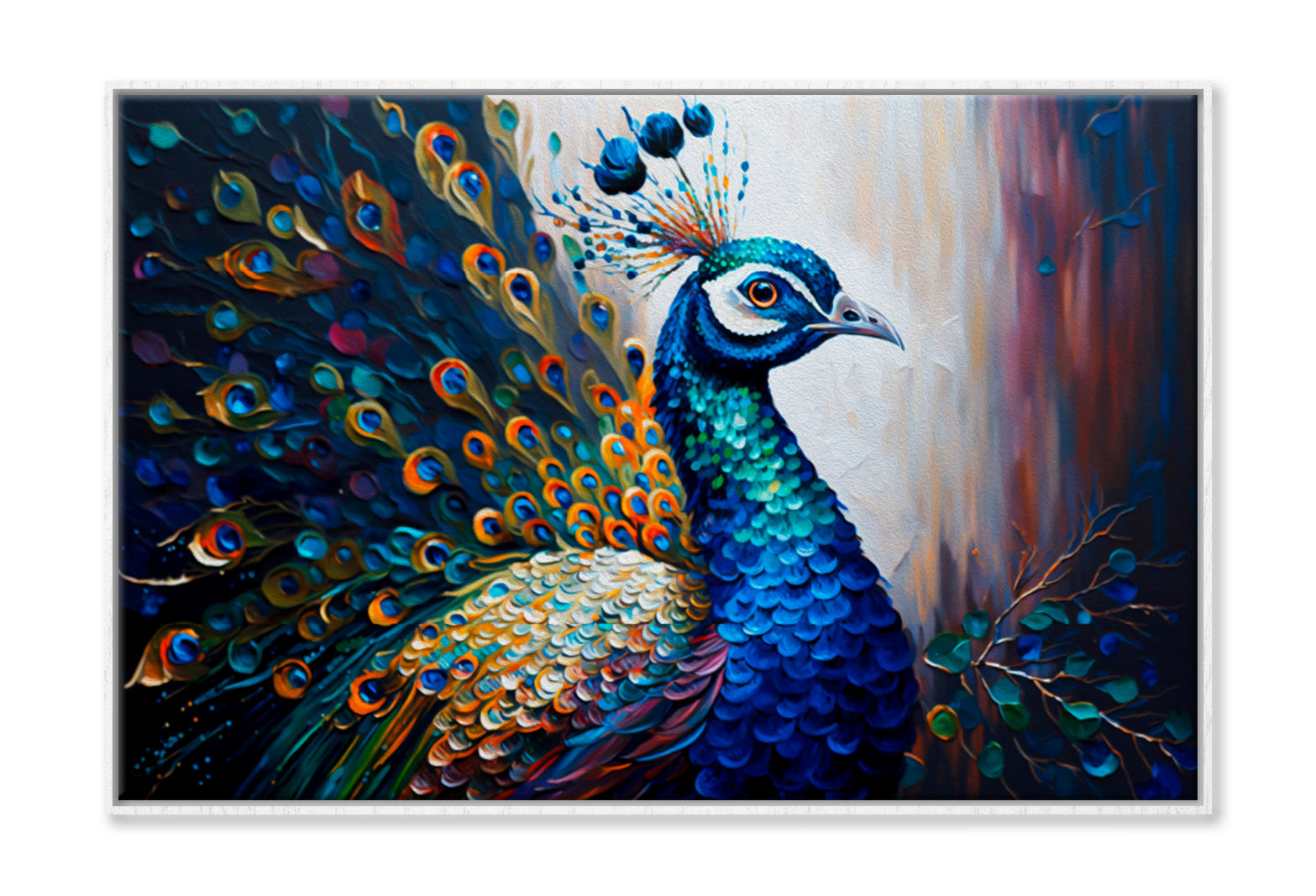 Beautiful Multicolored Peacock Oil Painting Wall Art Limited Edition High Quality Print Canvas Box Framed White