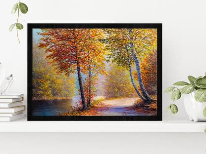 Bright Red Leaves Trees In Autumn Forest & River Glass Framed Wall Art, Ready to Hang Quality Print Without White Border Black