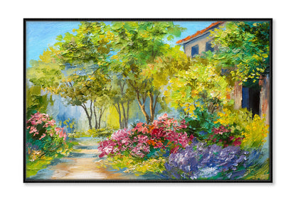 Green Trees & Flower Plants near House Oil Painting Wall Art Limited Edition High Quality Print Canvas Box Framed Black